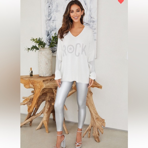 Venti 6 White Silver Sequin Rock Start V- Neck Long Sleeve Sweater Top - Picture 4 of 5